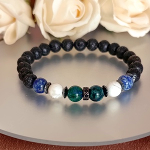 Azurit-malachit, lapis lazuli, howlit és lávakő karkötő hematit korongokkal, Ékszer, Karkötő, Ásványkarkötő, Ékszerkészítés, MESKA