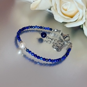 Harmónia - intuíció - tisztánlátás karkötő lapis lazulival és bevonatos kagylóhéj gyönggyel - ékszer - karkötő - ásványkarkötő - Meska.hu