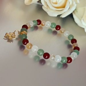 Szerencse és bőség ásványkarkötő citrinnel, aventurinnal, karneollal és hegyikristállyal, lóhere medállal - ékszer - karkötő - ásványkarkötő - Meska.hu