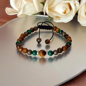 Bőségtudat - átalakulás - kitartás állítható ásvámykarkötő malachittal, tigrisszemmel és pirittel - Meska.hu