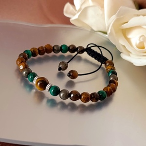 Bőségtudat - átalakulás - kitartás állítható ásvámykarkötő malachittal, tigrisszemmel és pirittel - ékszer - karkötő - ásványkarkötő - Meska.hu