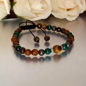 Bőségtudat - átalakulás - kitartás állítható ásvámykarkötő malachittal, tigrisszemmel és pirittel - ékszer - karkötő - ásványkarkötő - Meska.hu