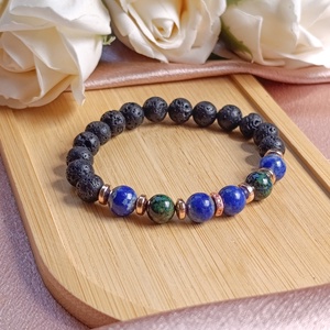 Azurit-malachit, lapis lazuli, hematit és lávakő női ásvány karkötő, aroma ékszer - Meska.hu