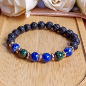 Azurit-malachit, lapis lazuli, hematit és lávakő női ásvány karkötő, aroma ékszer - ékszer - karkötő - ásványkarkötő - Meska.hu