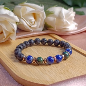 Azurit-malachit, lapis lazuli, hematit és lávakő női ásvány karkötő, aroma ékszer - ékszer - karkötő - ásványkarkötő - Meska.hu