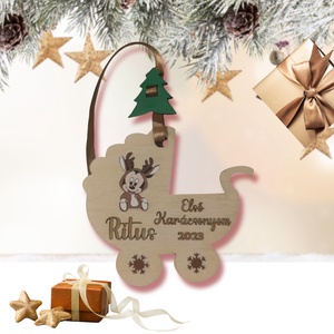 Első karácsonyom babakocsi formájú karácsonyfadísz, Karácsony, Karácsonyi lakásdekoráció, Karácsonyfadíszek, Famegmunkálás, MESKA