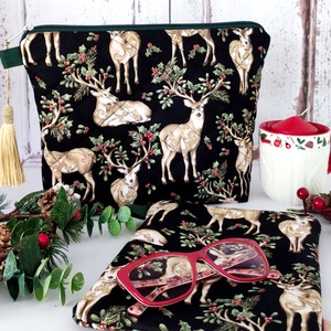 Szarvas mintás karácsonyi neszesszer és könyvtok szettben - Női ajándékcsomag, Táska & Tok, Neszesszer, Varrás, MESKA