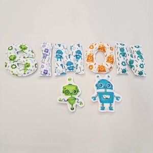 Dundi betűs girland menta színben robotos mintával - 5 betűs név - otthon & életmód - dekoráció - fali és függő dekoráció - betű & név - Meska.hu