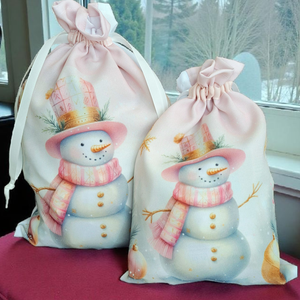 Pasztell rózsaszín-arany hóemberes mikulás zsák  - karácsony - mikulás - mikulás zsák - Meska.hu