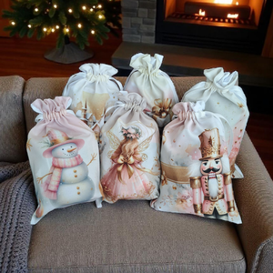 Pasztell rózsaszín-arany hóemberes mikulás zsák  - karácsony - mikulás - mikulás zsák - Meska.hu