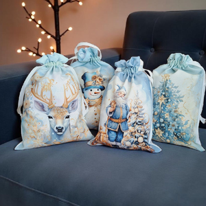 Pasztell kék-arany hóemberes mikulás zsák  - karácsony - mikulás - mikulás zsák - Meska.hu