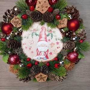 Manós piros gömbös ajtódísz  - karácsony - karácsonyi lakásdekoráció - karácsonyi ajtódíszek - Meska.hu