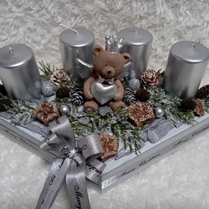 Ezüst gyertyás adventi box macival - karácsony - adventi díszek - adventi asztaldísz - Meska.hu
