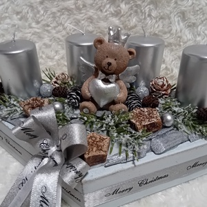 Ezüst gyertyás adventi box macival - karácsony - adventi díszek - adventi asztaldísz - Meska.hu