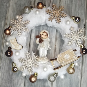 Fehér és arany ajtódísz kisgyerekkel, Karácsony, Karácsonyi lakásdekoráció, Karácsonyi ajtódíszek, Mindenmás, MESKA