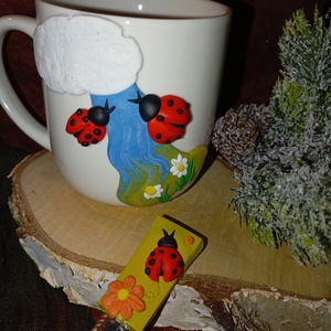 Feliratozható virágos,katicás bögre és kanál - otthon & életmód - konyhafelszerelés, tálalás - tálalás - bögre & csésze - Meska.hu