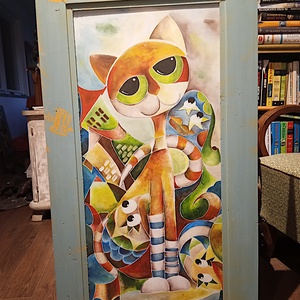 Vibók Ildi: A Halászó Macska...(akril - rétegelt lemezen), Művészet, Festmény, Akril, Festészet, Famegmunkálás, MESKA