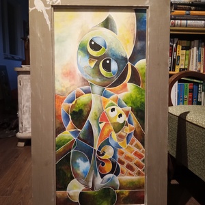 Vibók Ildi: A Háztetőn Hegedülő Macska...(akril - rétegelt lemezen), Művészet, Festmény, Akril, Festészet, Famegmunkálás, MESKA