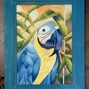 Vibók Ildi: Papagáj, fény, lombok...(akril - rétegelt lemezen), Művészet, Festmény, Akril, Festészet, Famegmunkálás, MESKA