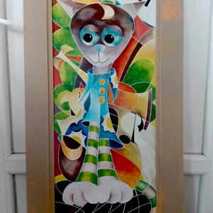 Vibók Ildi: A Muzsikus Macska...(akril - rétegelt lemezen), Művészet, Festmény, Akril, Festészet, Famegmunkálás, MESKA