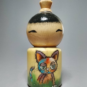 Kézzel készített egyedi Kokeshi - a kóbormacskás mintával - művészet - más gyűjtemények - Meska.hu