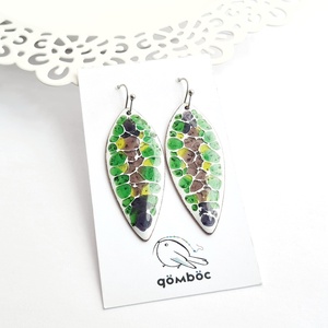 Tűzzománc zöld-lila nemesacél fülbevaló - ékszer - fülbevaló - lógó fülbevaló - Meska.hu