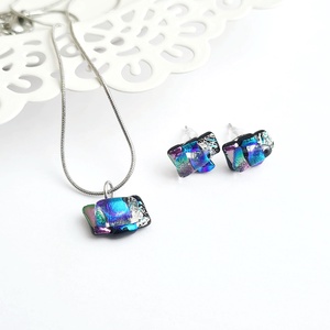 Rózsaszín-kék-ezüst színjátszó Dichroic üveg ékszerszett - Meska.hu