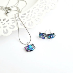 Rózsaszín-kék-ezüst színjátszó Dichroic üveg ékszerszett - ékszer - nyaklánc - medálos nyaklánc - Meska.hu