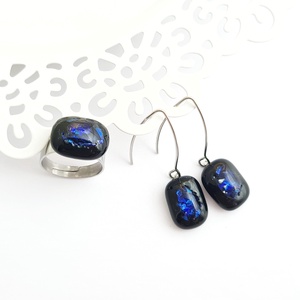 Türkiz-kék-fekete színjátszó Dichroic üveg ékszerszett - ékszer - ékszerszett - Meska.hu