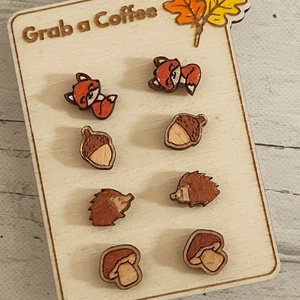 Őszi bedugós fülbevaló szett � gomba, makk, róka és süni mintával - ékszer - fülbevaló - pötty fülbevaló - Meska.hu