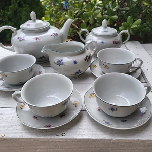 Hollóházi porcelán_Mid century teás készlet_kézzel festett_'50-'60-as évek - Meska.hu