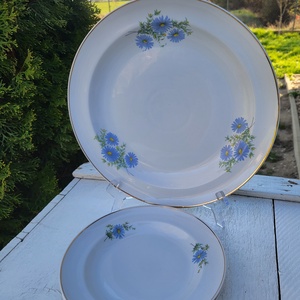 Hollóházi porcelán_ritka, kékvirágos süteménykínáló tál + 2 db kistányér - Meska.hu