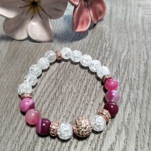 Női Ásványkarkötő - Pink achát + Roppantott hegyikristály, Ékszer, Karkötő, Ásványkarkötő, Ékszerkészítés, MESKA