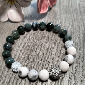 Női Ásványkarkötő - Roppantott hegyikristály + Zebrapink jáspis + Mochaachát, Ékszer, Karkötő, Ásványkarkötő, Ékszerkészítés, MESKA