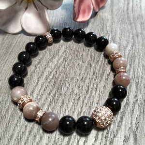 Női Ásványkarkötő - Ónix + Barna holdkő, Ékszer, Karkötő, Ásványkarkötő, Ékszerkészítés, MESKA