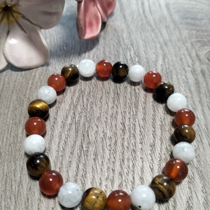 Női Ásványkarkötő - Fehér holdkő + Karneol + Tigrisszem, Ékszer, Karkötő, Ásványkarkötő, Ékszerkészítés, MESKA