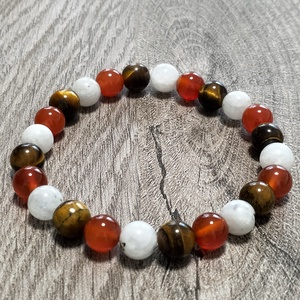Női Ásványkarkötő - Fehér holdkő + Karneol + Tigrisszem - ékszer - karkötő - ásványkarkötő - Meska.hu