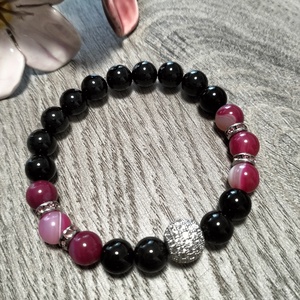 Női Ásványkarkötő - Pink achát + Ónix, Ékszer, Karkötő, Ásványkarkötő, Ékszerkészítés, MESKA