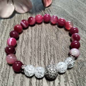 Női Ásványkarkötő - Roppantott hegyikristály + Pink achát, Ékszer, Karkötő, Ásványkarkötő, Ékszerkészítés, MESKA