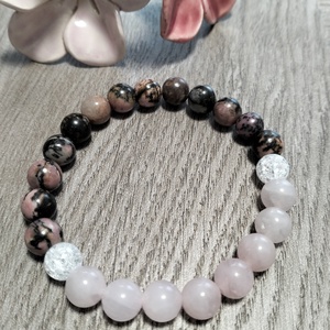 Női Ásványkarkötő - Rózsakvarc + Roppantott hegyikristály + Rodonit, Ékszer, Karkötő, Ásványkarkötő, Ékszerkészítés, MESKA