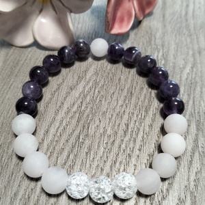 Női Ásványkarkötő - Roppantott hegyikristály + Rózsakvarc + Ametiszt, Ékszer, Karkötő, Ásványkarkötő, Ékszerkészítés, MESKA