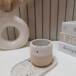 Fekete-beige terrazzo mintás ovális tálca és tároló pohár szett, Otthon & Életmód, Dekoráció, Asztal és polc dekoráció, Dekorációs tál, tartó, Gipszöntés, MESKA