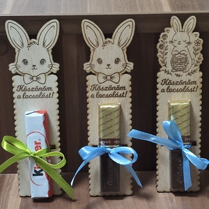 Nyuszis húsvéti köszönőajándék, kinder, merci, Ünnepi díszek, dekorációk, Húsvéti díszek és dekorációk, Húsvéti asztaldíszek, Gravírozás, pirográfia, MESKA