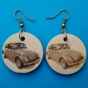 VW bogár kép mintás fülbevaló, Esküvő, Ékszer, Fülbevaló, Gravírozás, pirográfia, MESKA