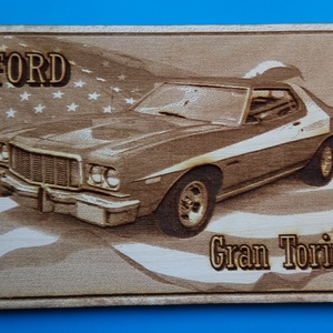 FORD Gran Torino (zászló háttérrel), amerikai autós találkozó résztvevőknek. Veterán őrülteknek. Fém tábla hangulattal. - otthon & életmód - dekoráció - kép & falikép - fából készült kép - Meska.hu