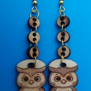 Láncos Bagoly fülbevaló. Baglyos füldísz, bagollyal. Kiváló ajándék lánynak, vidám hölgynek, nőnek szilveszterre., Esküvő, Ékszer, Fülbevaló, Gravírozás, pirográfia, MESKA