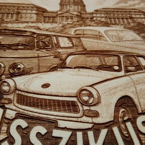 Trabant, Wartburg, Barkas. USA vastábla hangulatú gravírozott tábla, falikép, garázsba, nappaliba, műhelybe. - otthon & életmód - dekoráció - kép & falikép - fából készült kép - Meska.hu