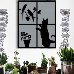 Fekete cica az ablakban, Otthon & Lakás, Dekoráció, Kép & Falikép, Fából készült kép, , MESKA