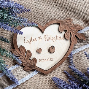 Esküvői gyűrűtartó � szív � leveles, Esküvő, Kiegészítők, Gyűrűtartó & Gyűrűpárna, Gravírozás, pirográfia, MESKA