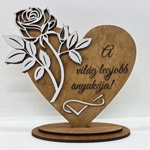 Anyák napjára - Fa gravírozott szív dísz rózsával � egyedi felirattal - otthon & életmód - virágdekoráció - virágdíszek - lézervágott virágdíszek - Meska.hu